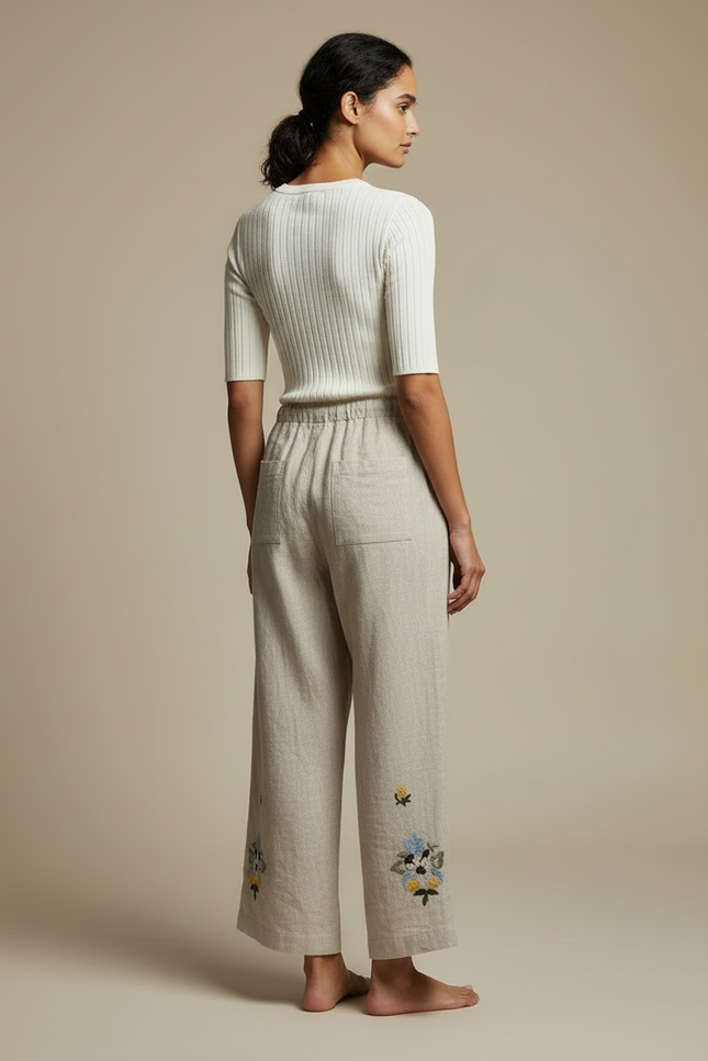 Pantalon Beige Lin Brodé Ample Décontracté Femme - vue 2