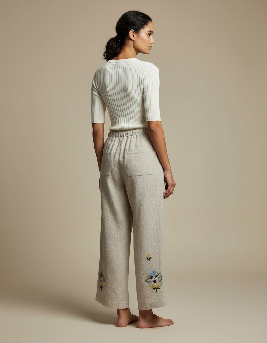 Pantalon Beige Lin Brodé Ample Décontracté Femme - vue 2