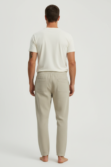 Pantalon Beige Lin Coton Ample Décontracté Homme Cordon - vue 2