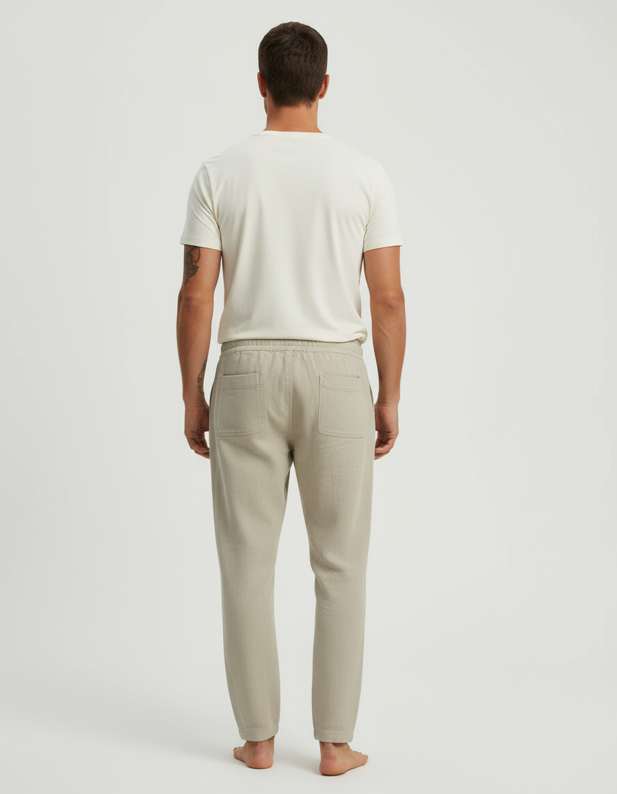 Pantalon Beige Lin Coton Ample Décontracté Homme Cordon - vue 2