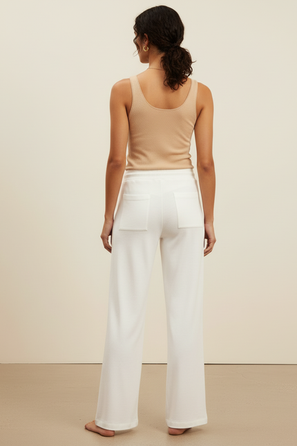 Pantalon Beige Fluide Coton Ample Décontracté Femme - Blanc Molleton - vue 2