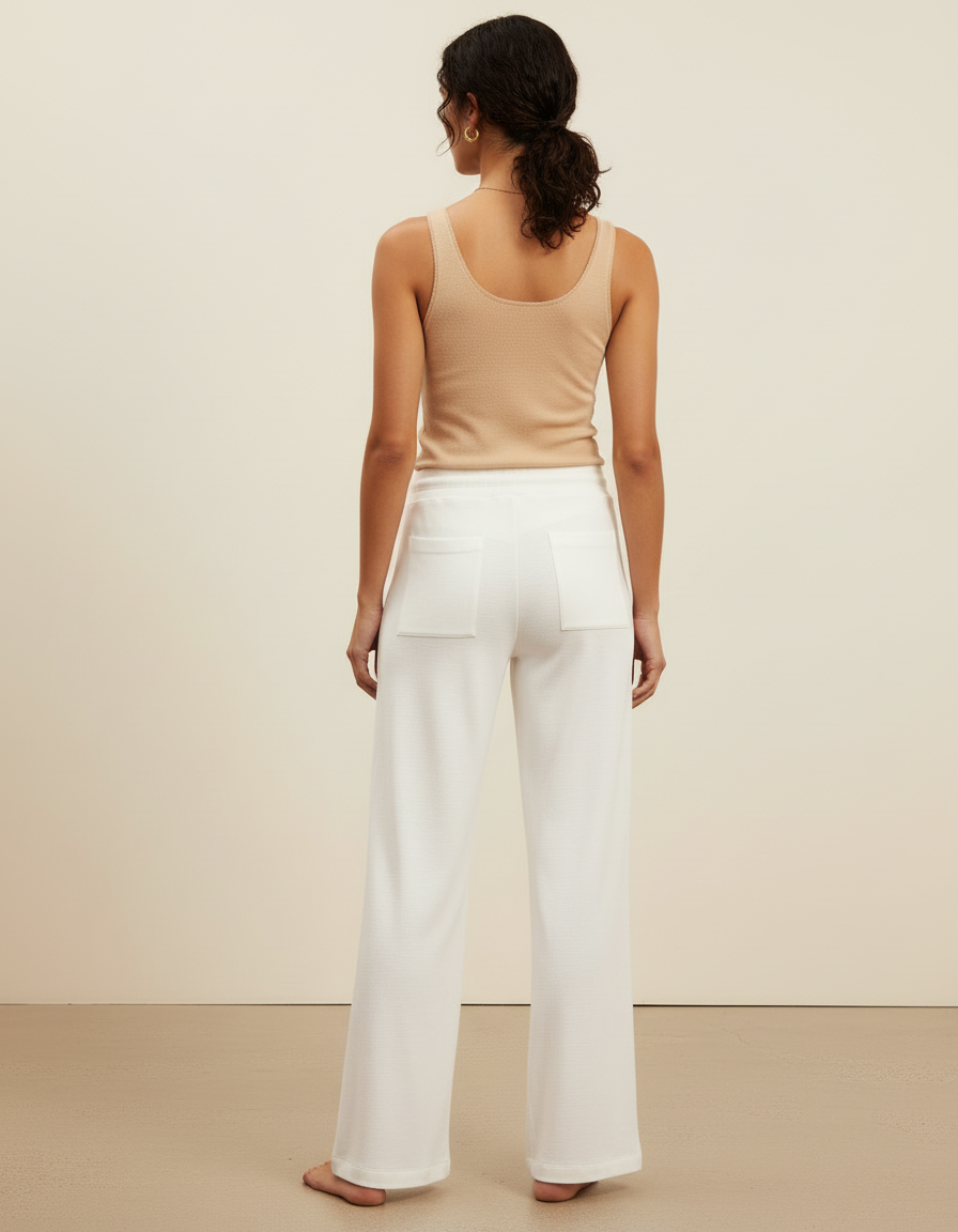 Pantalon Beige Fluide Coton Ample Décontracté Femme - Blanc Molleton - vue 2