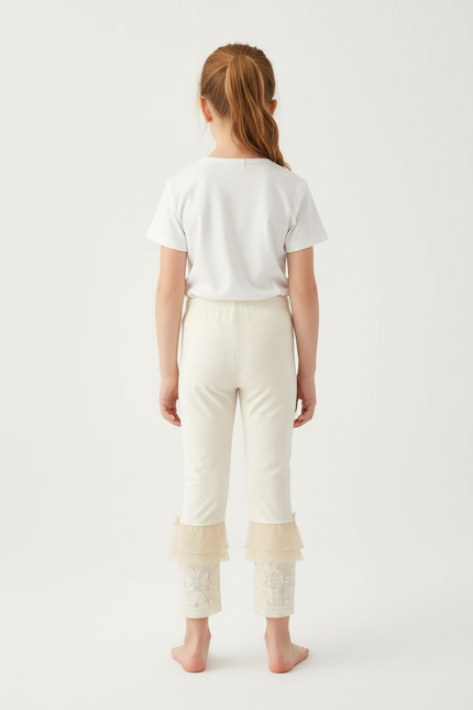 Pantalon Beige Fille Dentelle Nœuds Cheville Élégant - Maille - vue 2