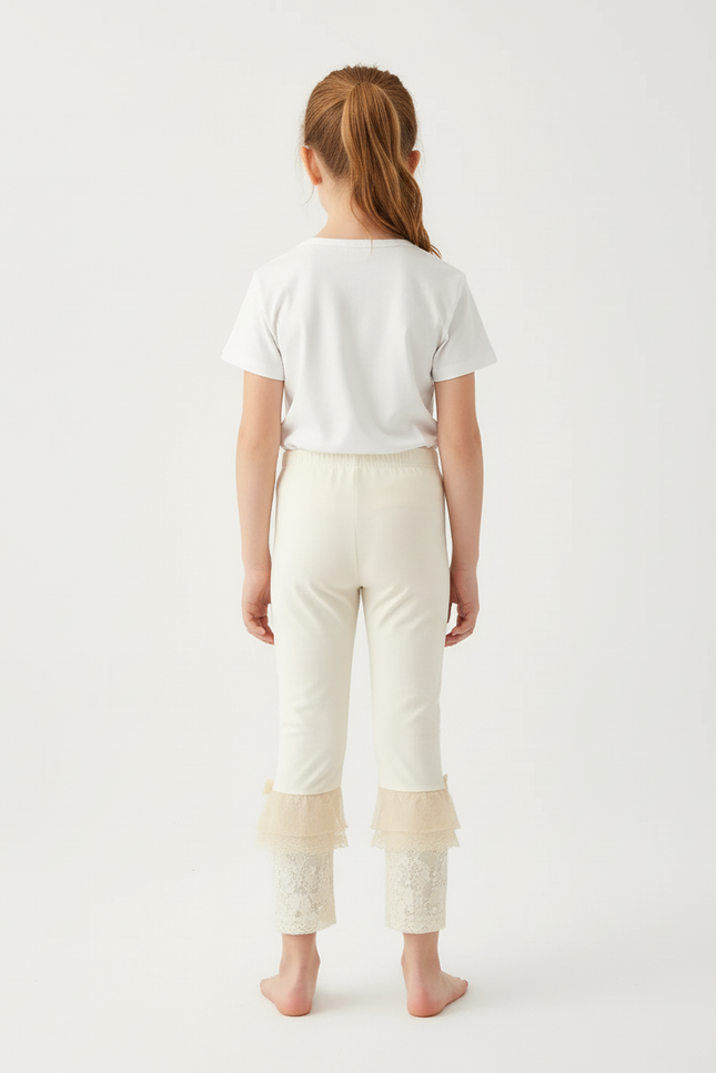 Pantalon Beige Fille Dentelle Nœuds Cheville Élégant - Maille - vue 2