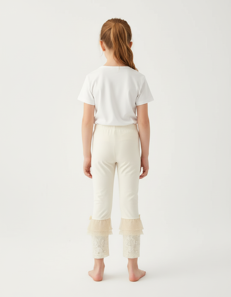 Pantalon Beige Fille Dentelle Nœuds Cheville Élégant - Maille - vue 2