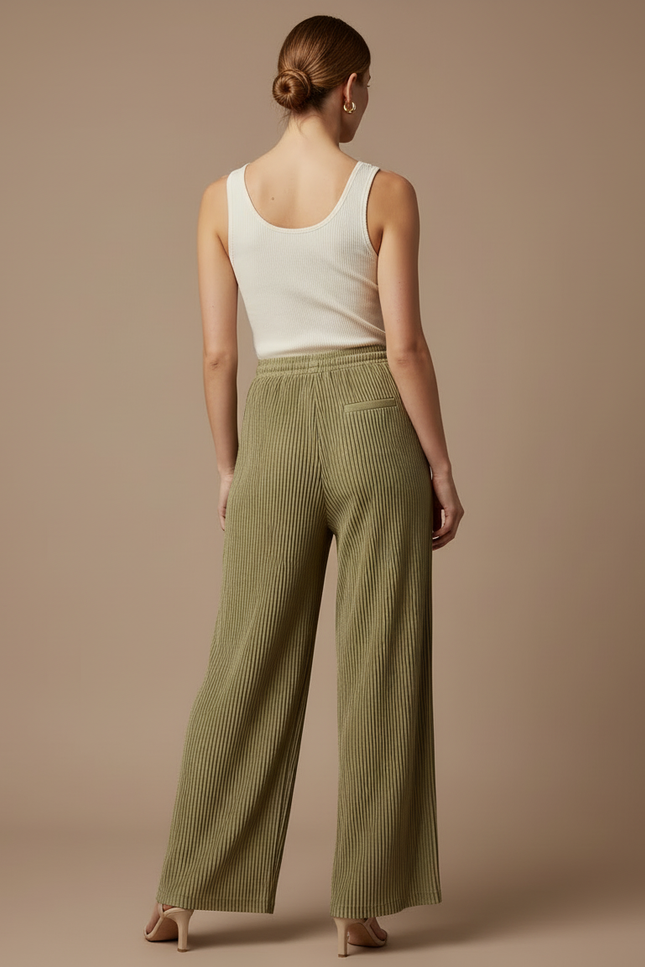 Pantalon Beige Plissé Ample Fluide Côtelé Femme - Kaki Cordé - vue 2