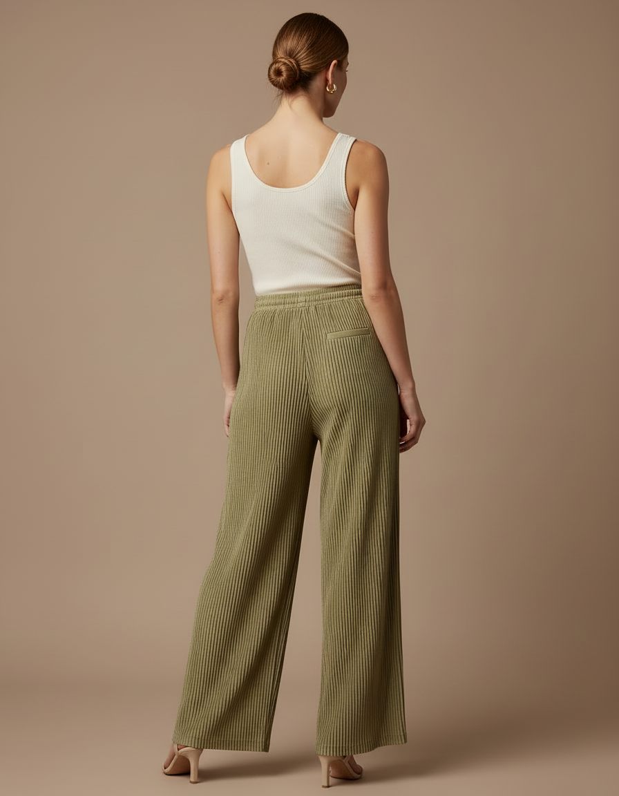 Pantalon Beige Plissé Ample Fluide Côtelé Femme - Kaki Cordé - vue 2