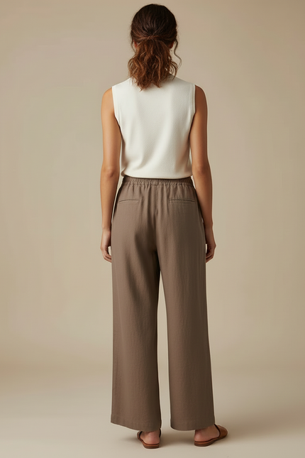 Pantalon Beige Fluide Ample Décontracté Lin Coton - Kaki - vue 2