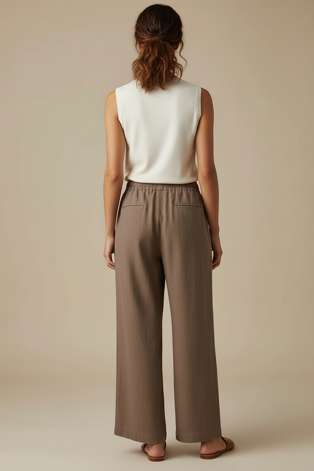 Pantalon Beige Fluide Ample Décontracté Lin Coton - Kaki - vue 2