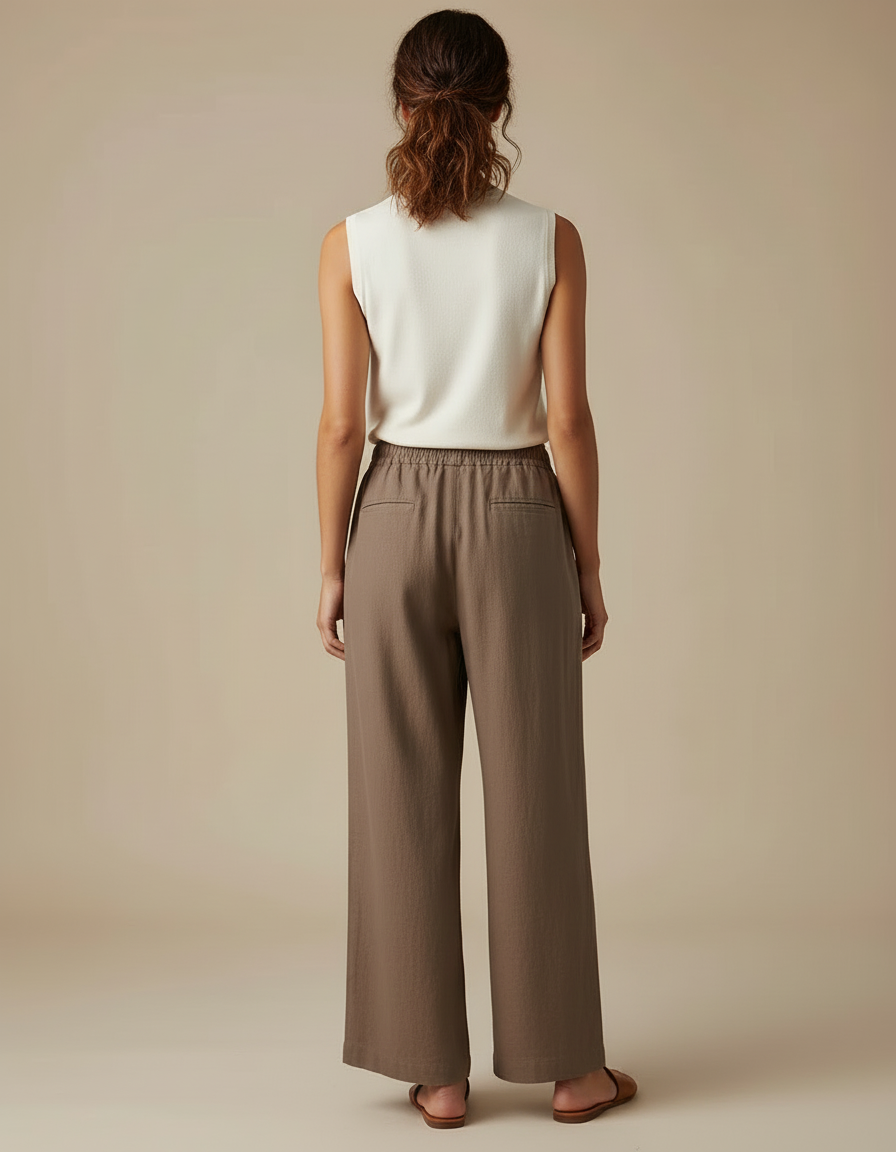 Pantalon Beige Fluide Ample Décontracté Lin Coton - Kaki - vue 2