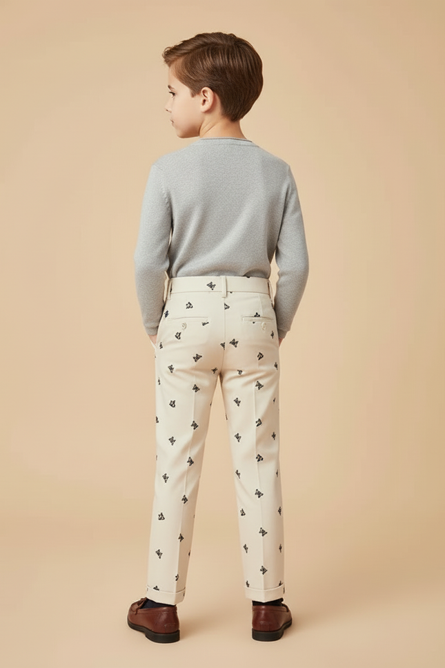Pantalon Beige Brodé Papillons Droit Enfant Élégant - Gabardine - vue 2