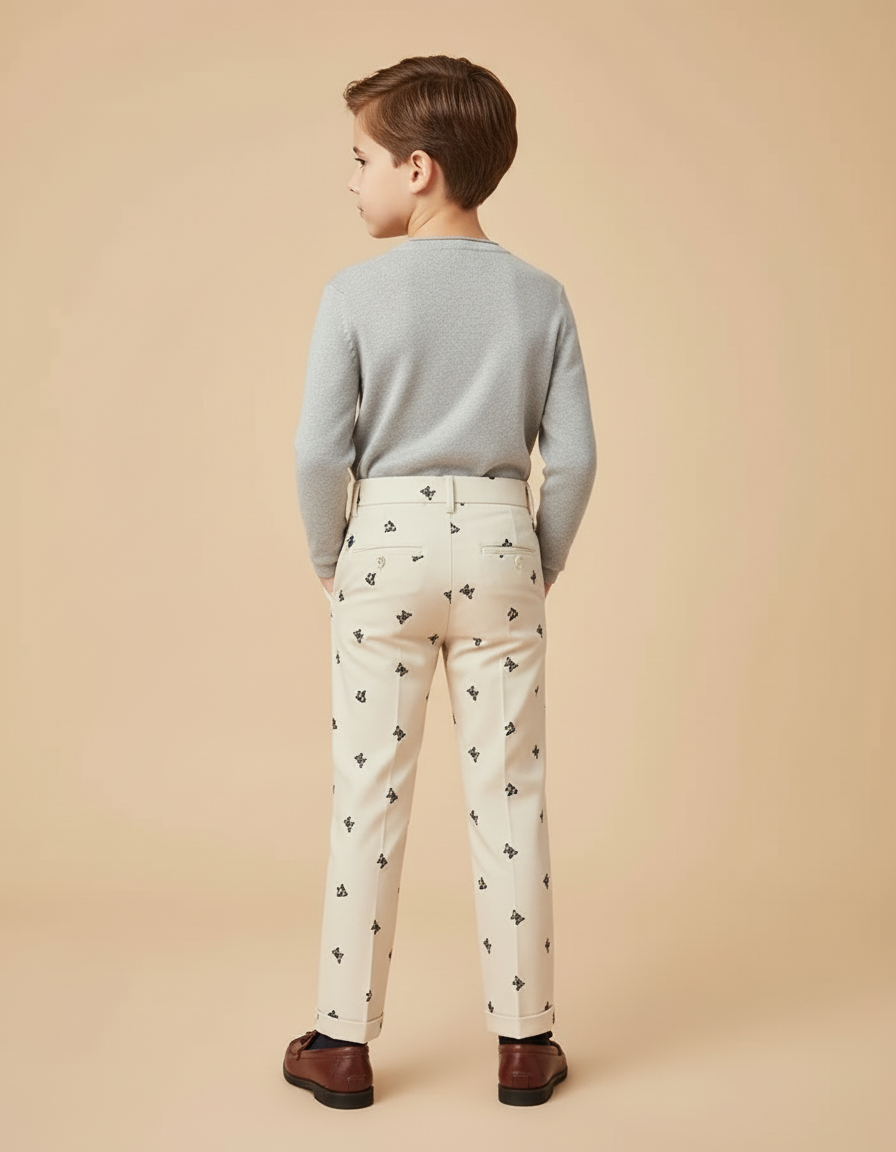 Pantalon Beige Brodé Papillons Droit Enfant Élégant - Gabardine - vue 2