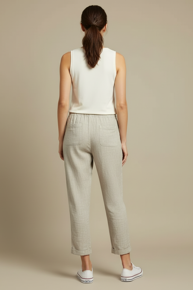 Pantalon Beige Lin Cordon Ample Confortable Femme - vue 2