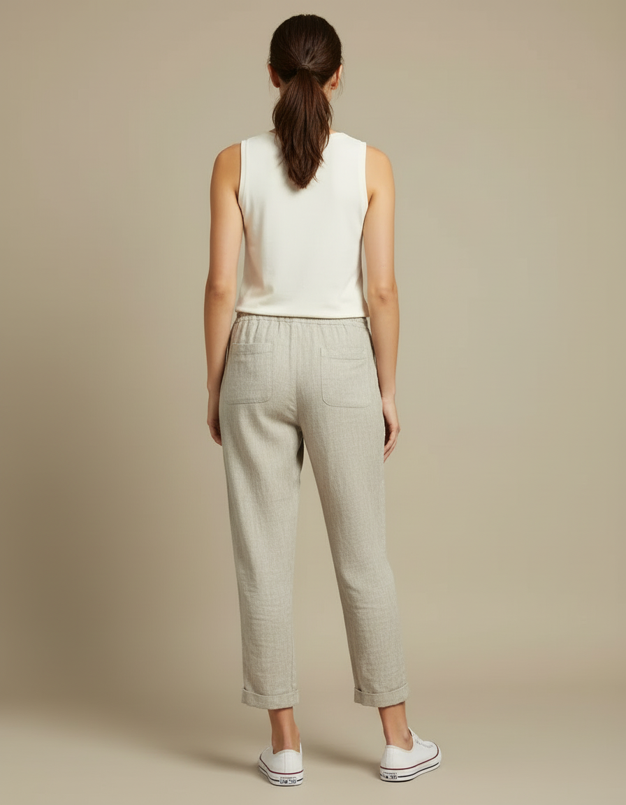 Pantalon Beige Lin Cordon Ample Confortable Femme - vue 2