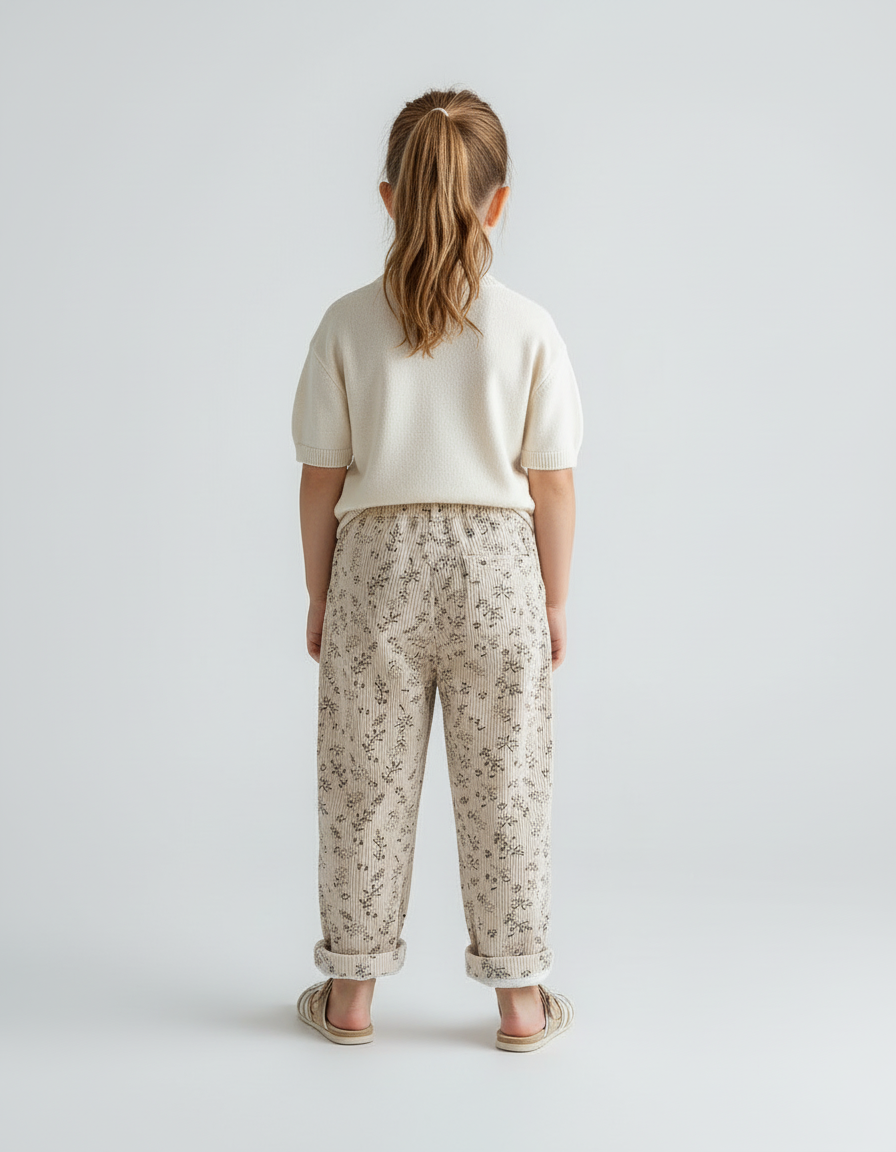 Pantalon Beige Côtelé Fleuri Ample Confortable Enfant - Cordé - vue 2