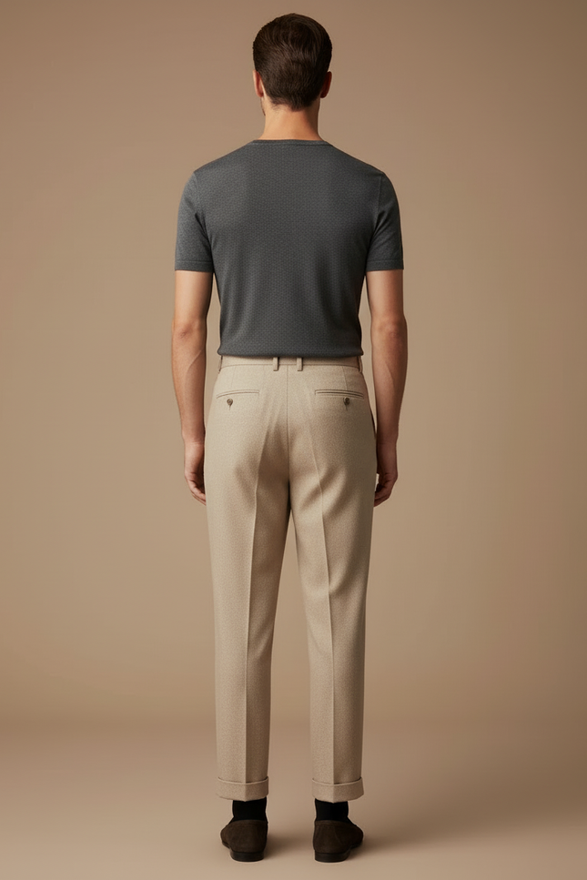 Pantalon Beige Laine Plissé Droit Élégant Homme - vue 2