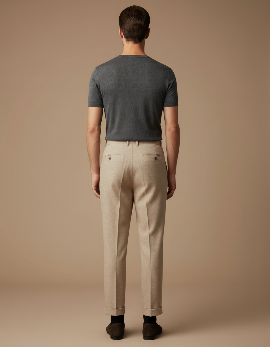 Pantalon Beige Laine Plissé Droit Élégant Homme - vue 2
