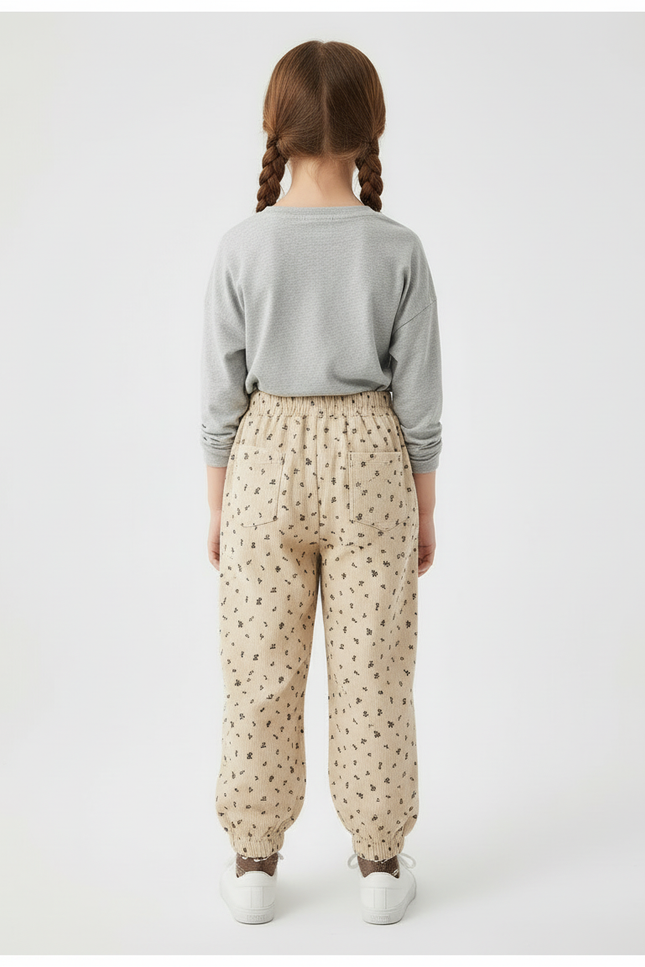 Pantalon Beige Côtelé Fleuri Ample Décontracté Fille - Cordé - vue 2