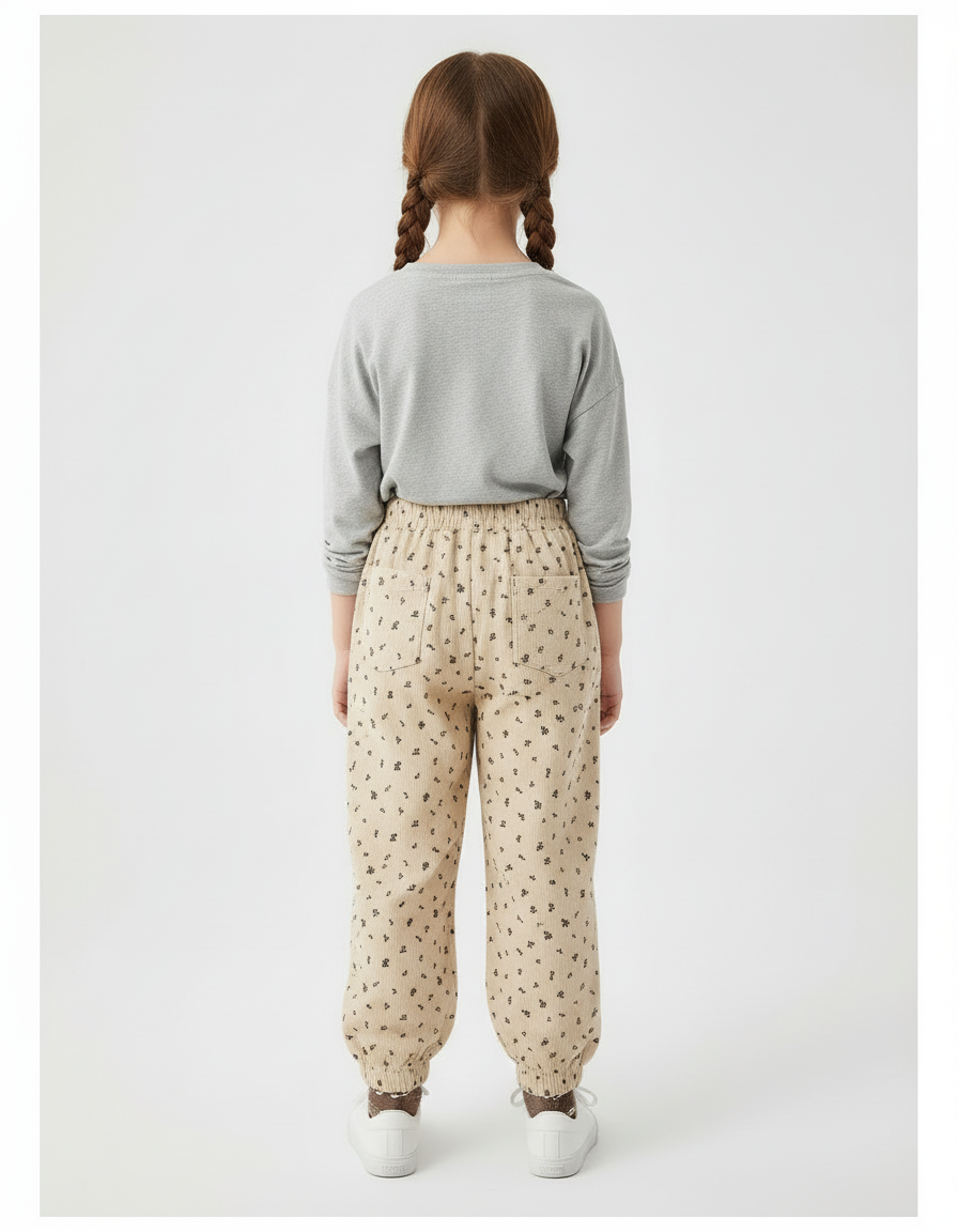 Pantalon Beige Côtelé Fleuri Ample Décontracté Fille - Cordé - vue 2