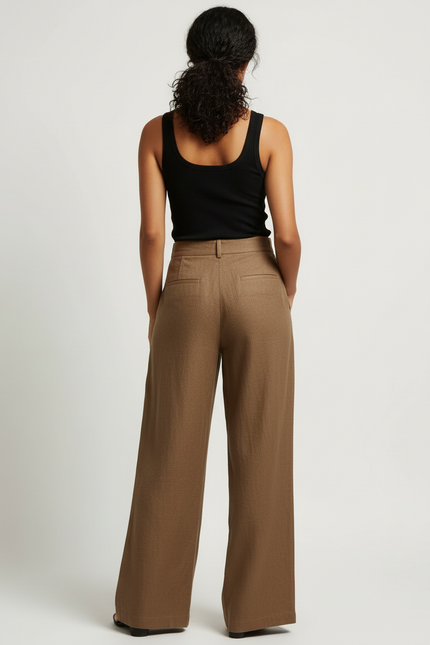 Pantalon Beige Large Fluide Lin Taille Haute - vue 2