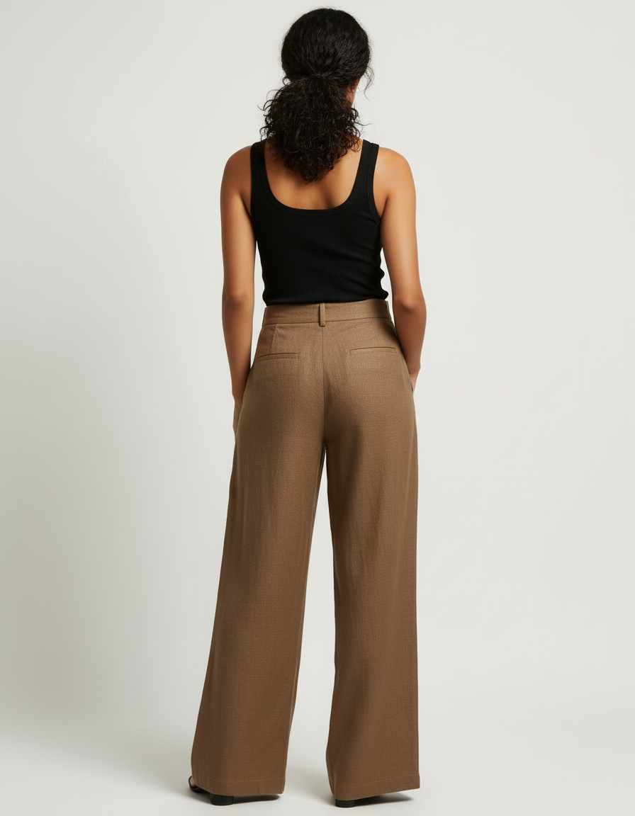 Pantalon Beige Large Fluide Lin Taille Haute - vue 2