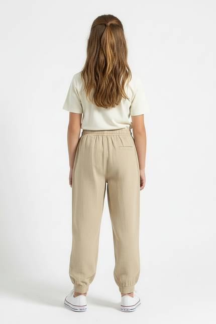 Pantalon Beige Coton Ample Cordon Décontracté - vue 2