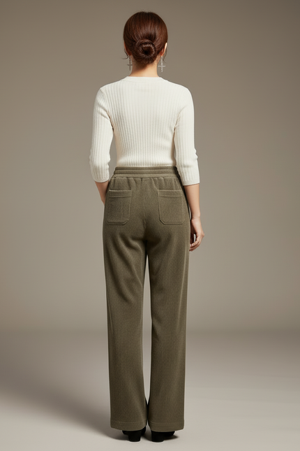 Pantalon Beige Côtelé Ample Décontracté Élastique - Kaki Cordé - vue 2