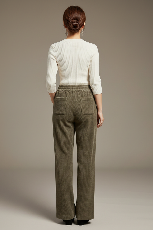 Pantalon Beige Côtelé Ample Décontracté Élastique - Kaki Cordé - vue 2