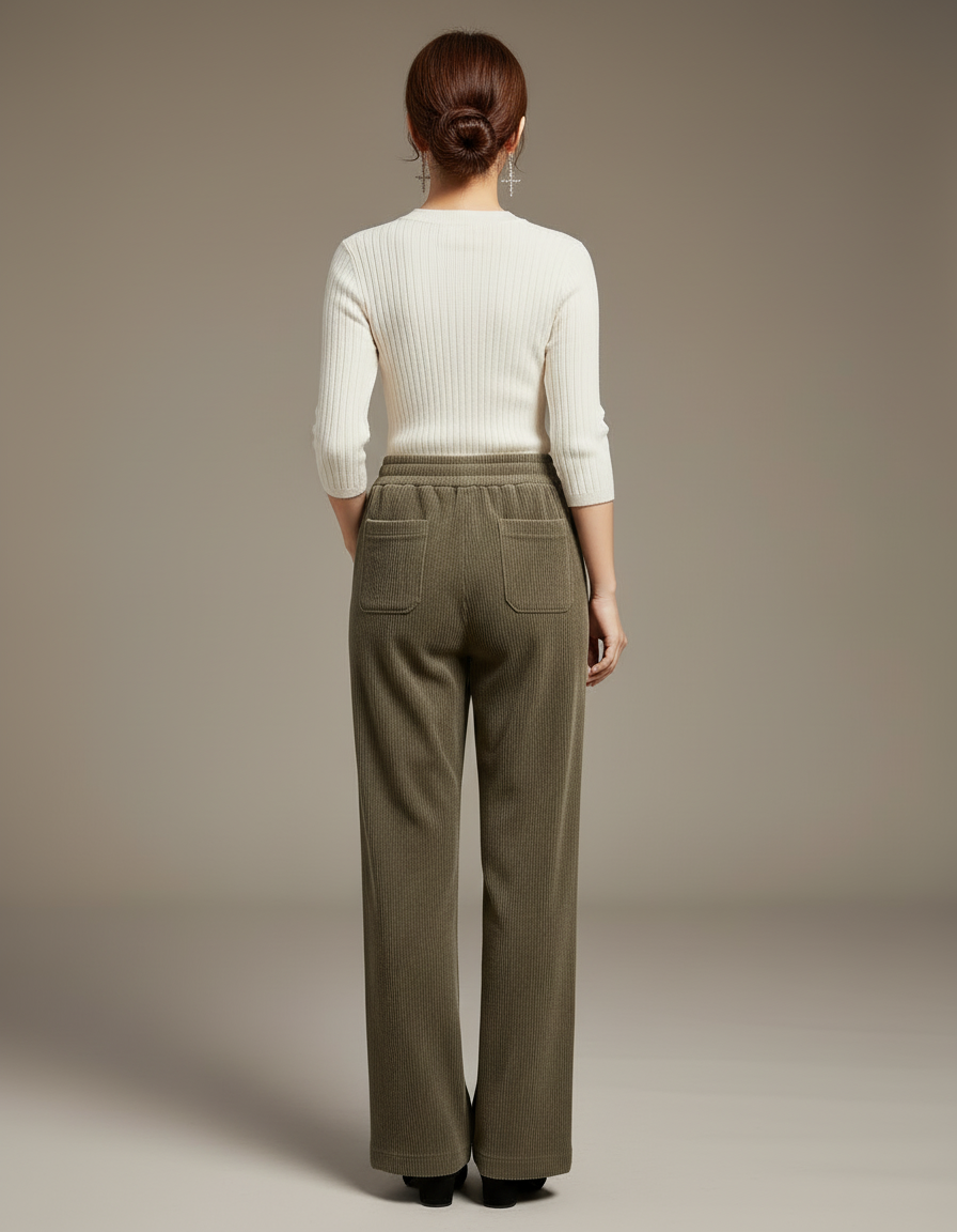 Pantalon Beige Côtelé Ample Décontracté Élastique - Kaki Cordé - vue 2