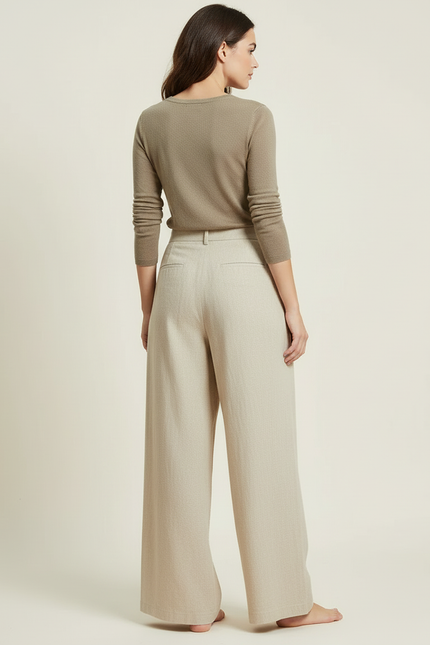 Pantalon Beige Ample Lin Taille Haute Plissé - vue 2