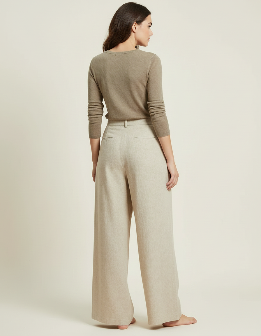 Pantalon Beige Ample Lin Taille Haute Plissé - vue 2