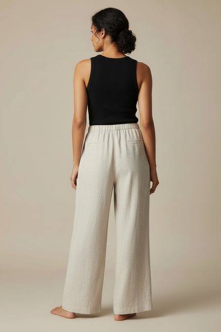 Pantalon Beige Lin Ample Taille Haute Décontracté Femme - vue 2