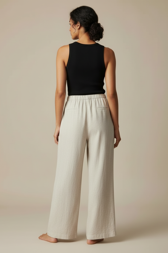 Pantalon Beige Lin Ample Taille Haute Décontracté Femme - vue 2