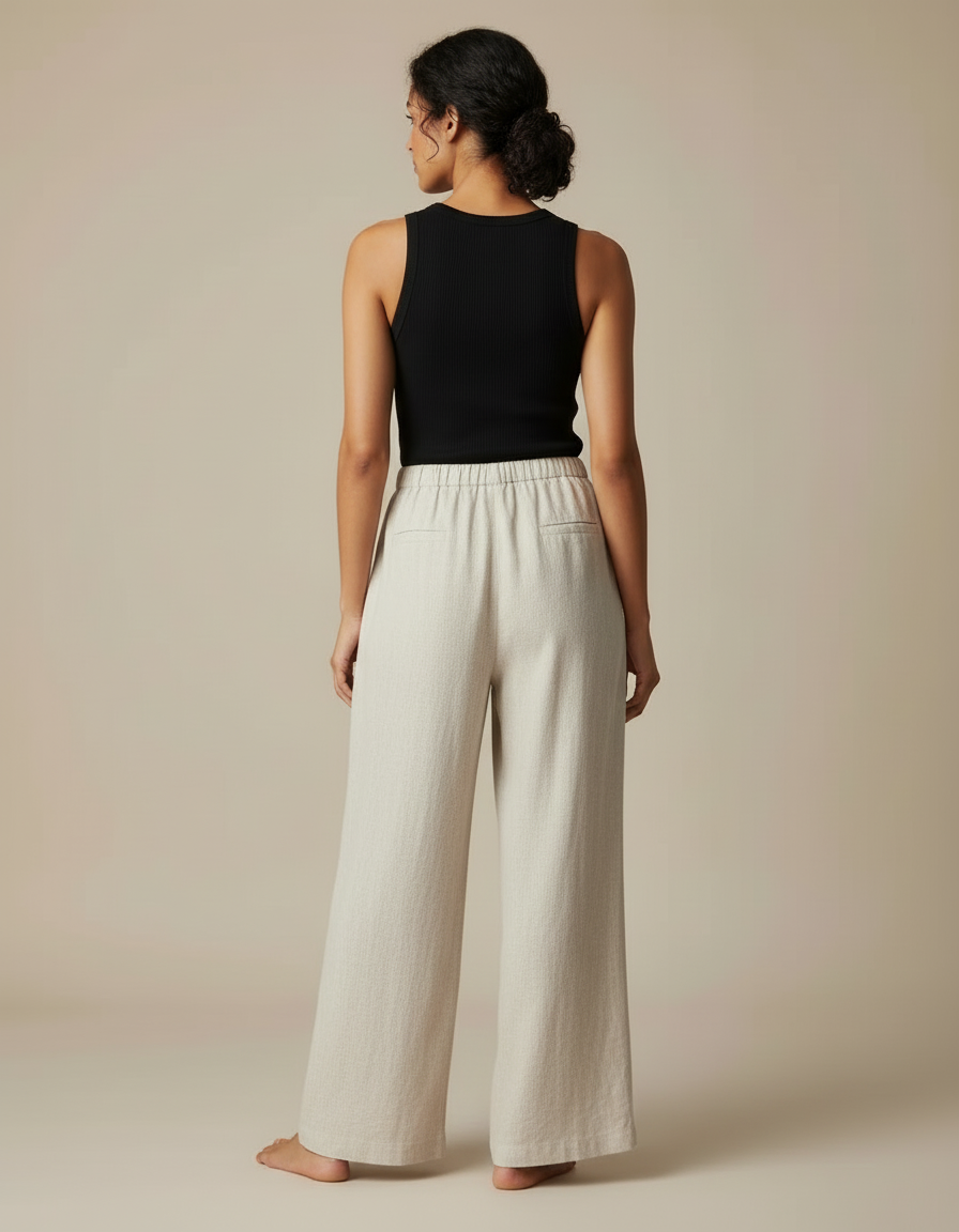 Pantalon Beige Lin Ample Taille Haute Décontracté Femme - vue 2