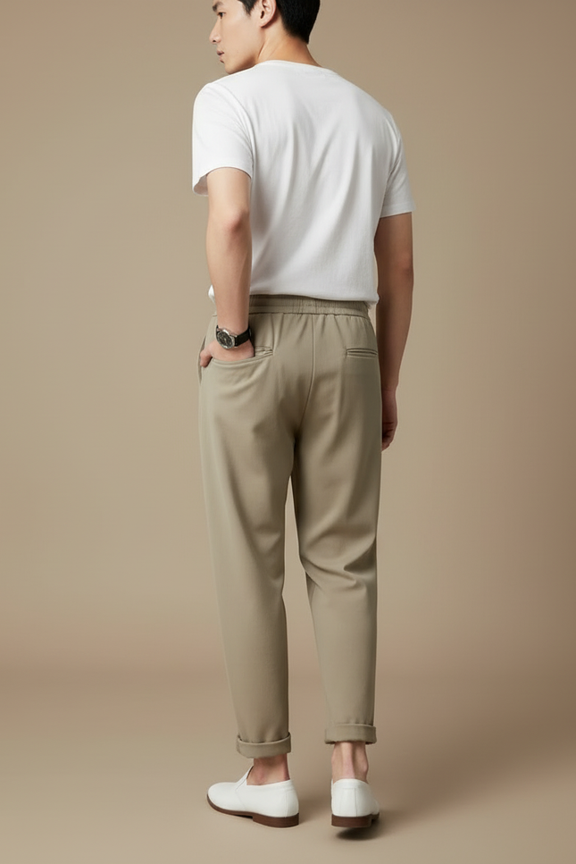 Pantalon Beige Homme Fluide Décontracté Droit Léger - Kaki Polyester - vue 2