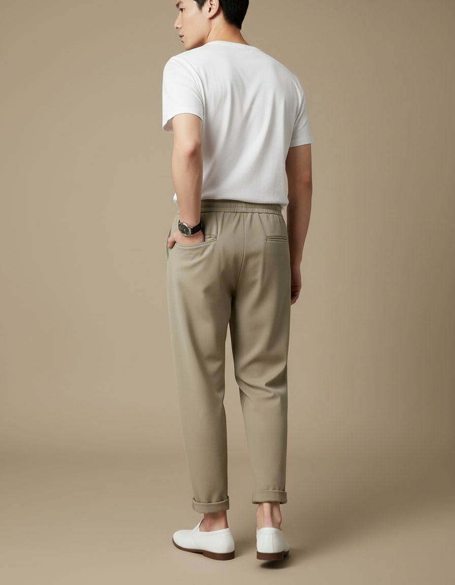 Pantalon Beige Homme Fluide Décontracté Droit Léger - Kaki Polyester - vue 2