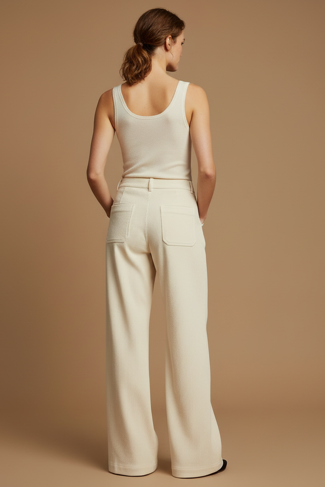 Pantalon Beige Côtelé Ample Droit Élégant Femme - Cordé - vue 2