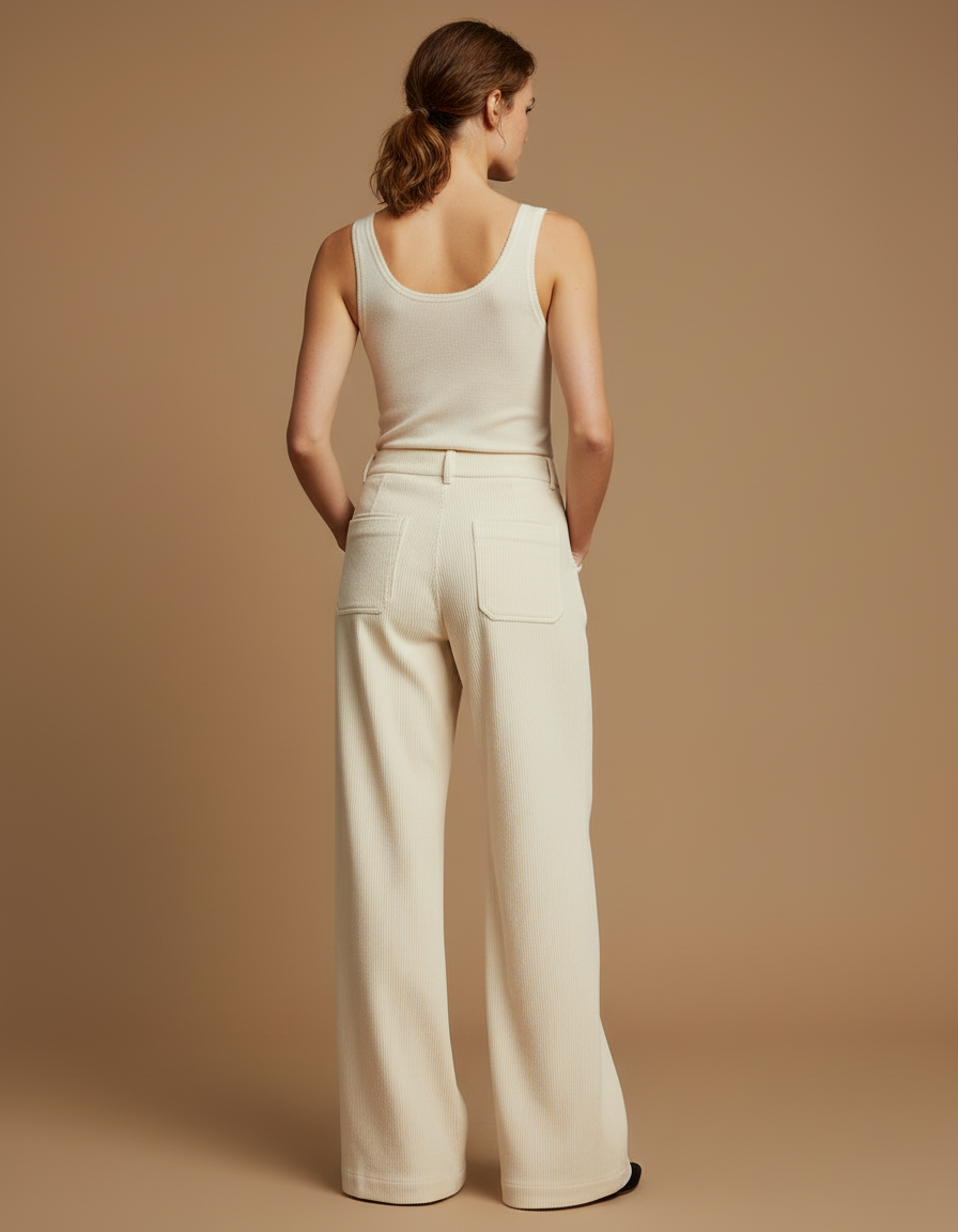 Pantalon Beige Côtelé Ample Droit Élégant Femme - Cordé - vue 2