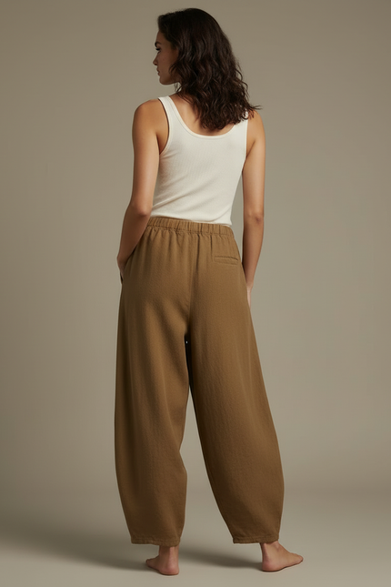 Pantalon Beige Ample Lin Coton Vintage Élastique Femme - Kaki - vue 2