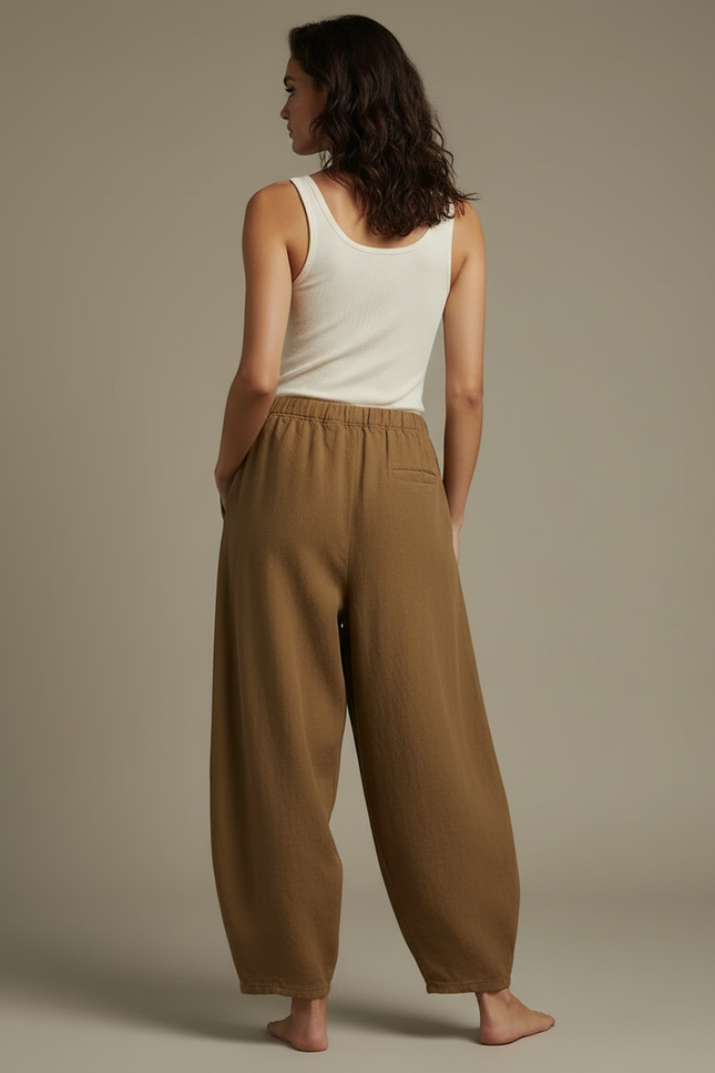 Pantalon Beige Ample Lin Coton Vintage Élastique Femme - Kaki - vue 2