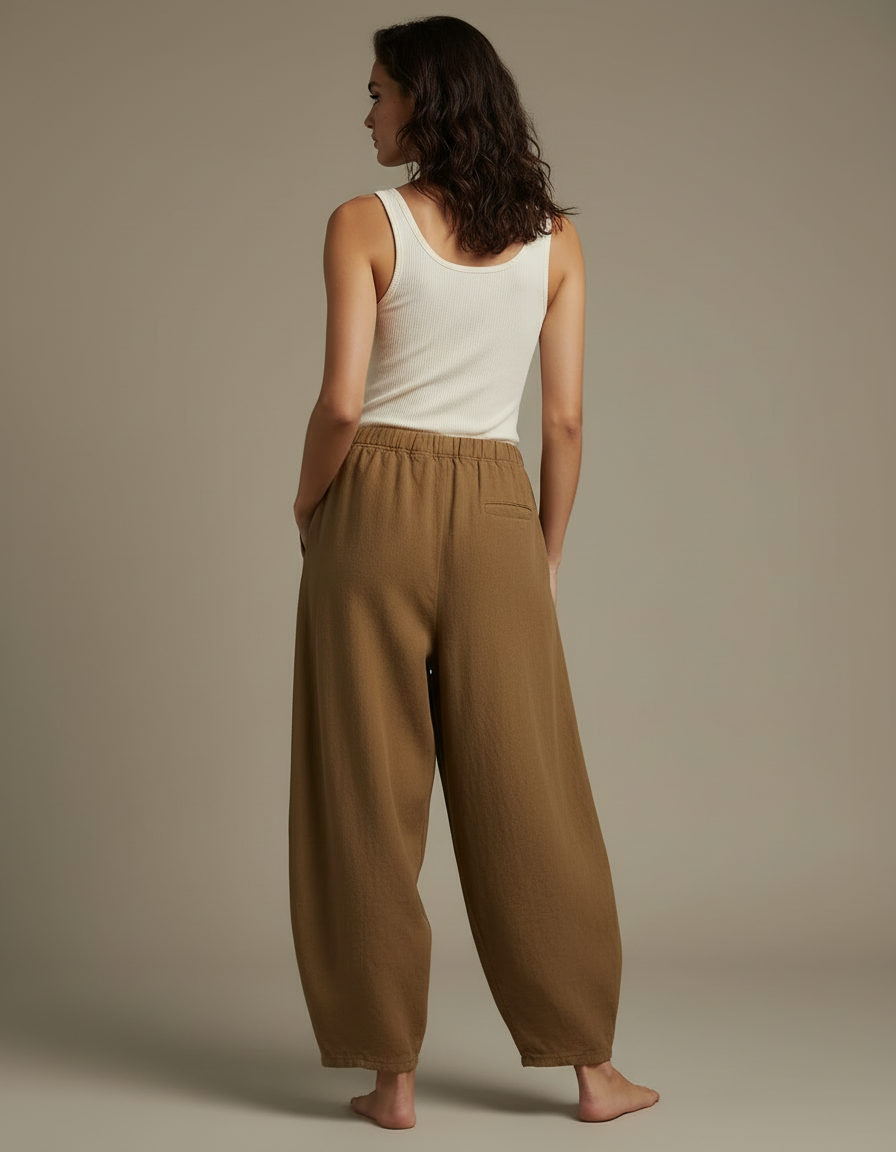 Pantalon Beige Ample Lin Coton Vintage Élastique Femme - Kaki - vue 2