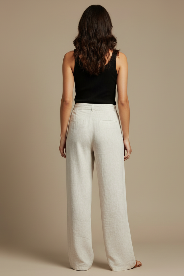 Pantalon Beige Ample Lin Décontracté Fluide Femme - vue 2