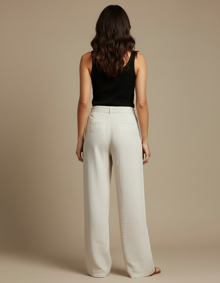 Pantalon Beige Ample Lin Décontracté Fluide Femme - vue 2
