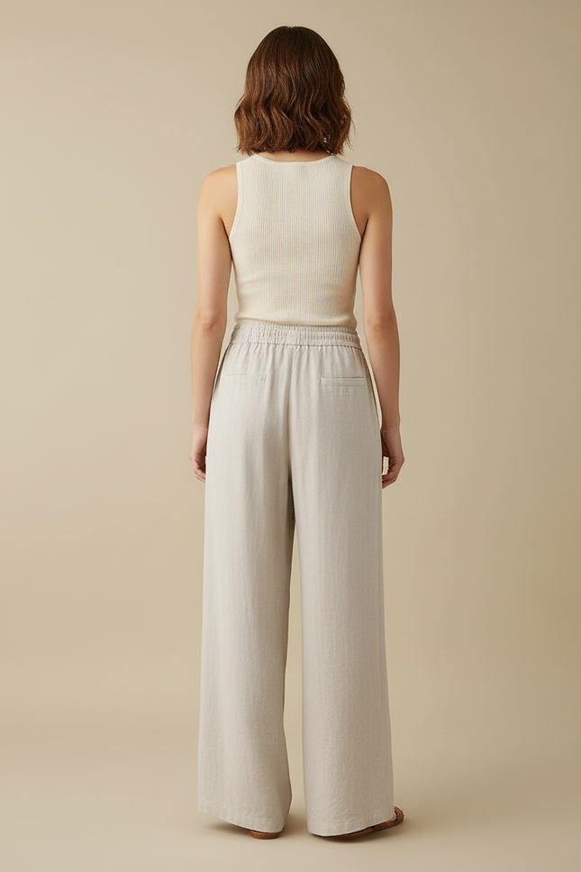 Pantalon Beige Lin Ample Taille Haute Femme - vue 2