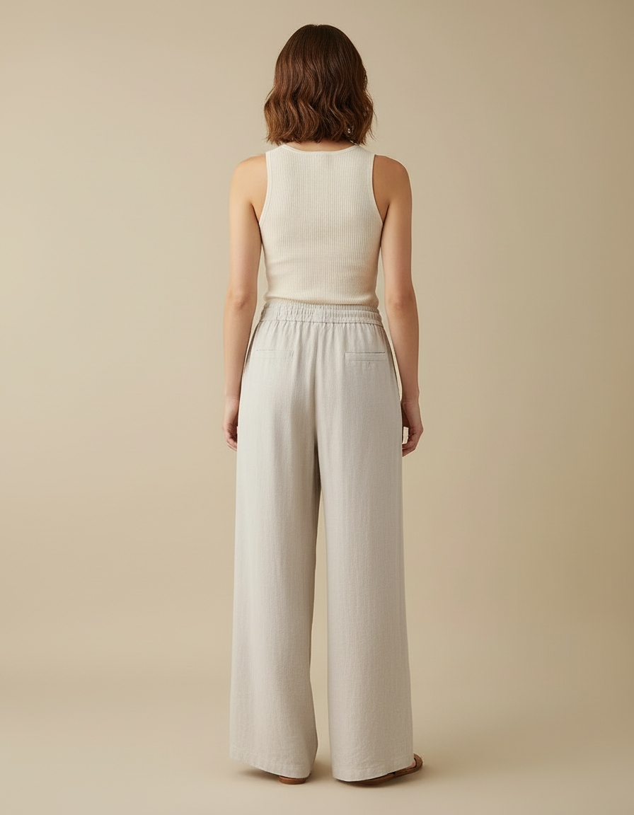 Pantalon Beige Lin Ample Taille Haute Femme - vue 2