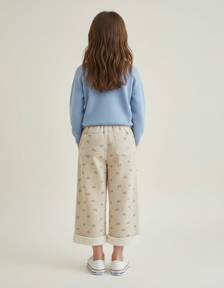 Pantalon Beige Côtelé Ample Motif Nœuds Fillette - Cordé - vue 2