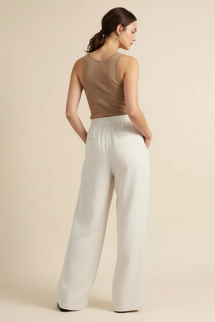 Pantalon Beige Lin Fluide Ample Taille Élastique - vue 2