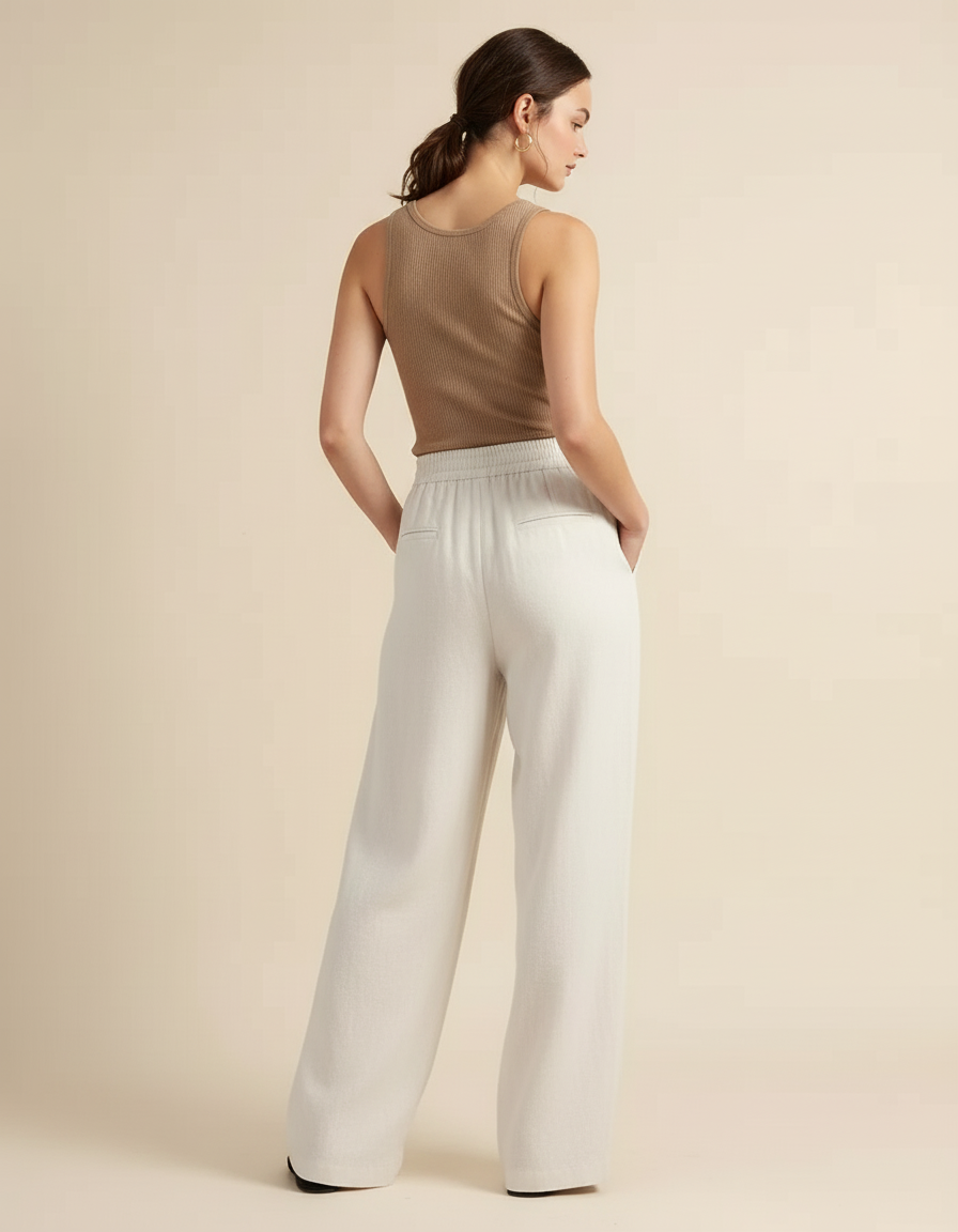 Pantalon Beige Lin Fluide Ample Taille Élastique - vue 2