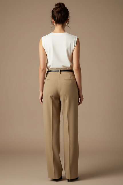 Pantalon Beige Fluide Ample Taille Haute Élégant Femme - Polyester - vue 2
