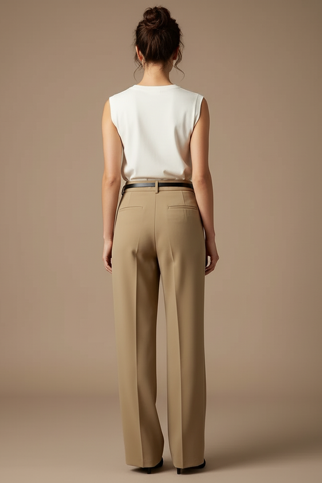 Pantalon Beige Fluide Ample Taille Haute Élégant Femme - Polyester - vue 2